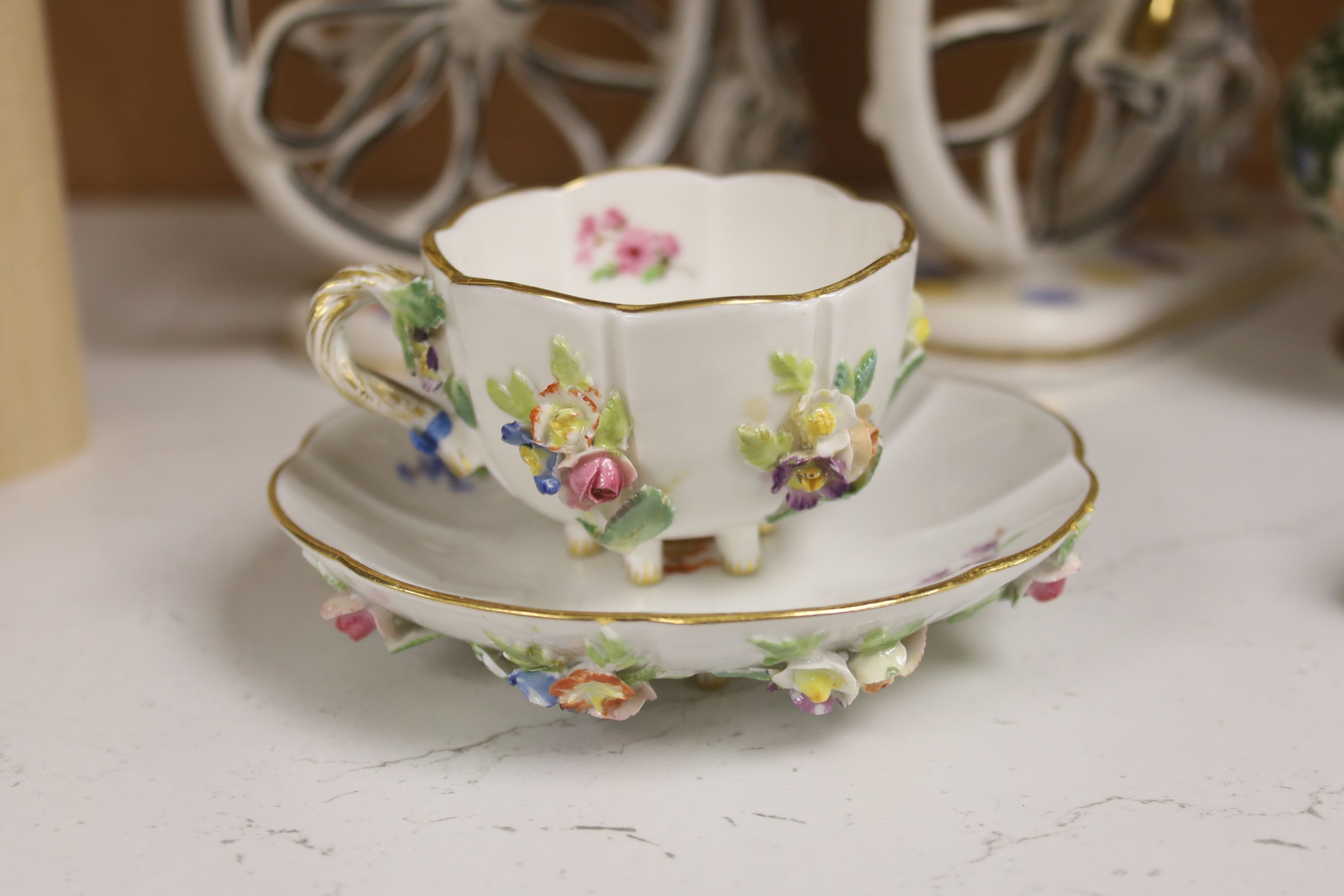 A Meissen floral encrusted cup and saucer and sundry decorative ceramics, tallest 23cm